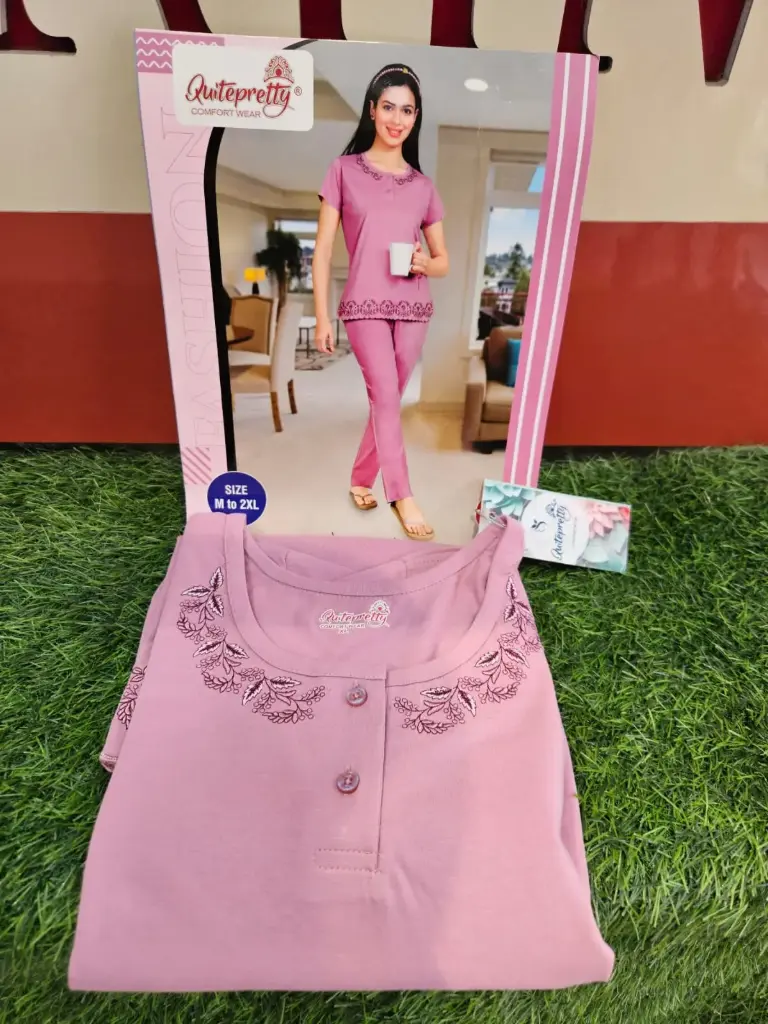 Short Embroidery Night Suit  (pink, XL)